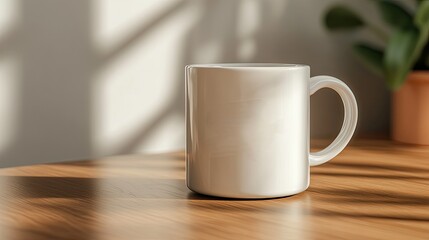 A white mug sits on a wooden table, bathed in sunlight.  Shadows cast interesting patterns.