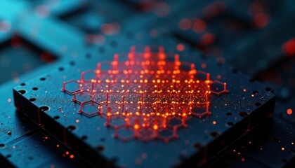 Extreme close-up view of graphene-based biosensor. Red glowing lines show biomolecule detection. High tech, futuristic style. Advanced tech. Graphene material in black surface. Biosensor interaction