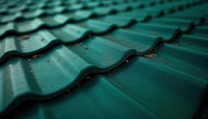 Obraz premium Close-up view of textured green roof tiles. Roofing material repeating wave pattern. Detail surface. Image suitable for architecture construction projects. Design element for building projects. Green