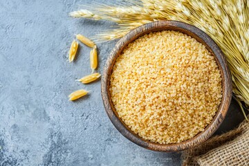 Dry Bulgur Wheat Background Closeup. Uncooked Durum Texture Top View.
