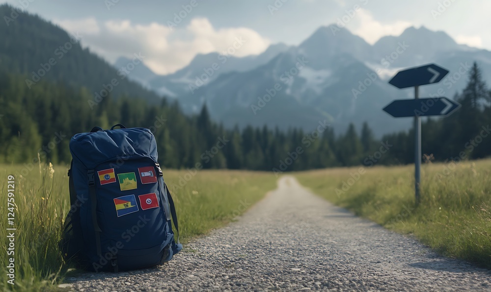 Poster a scenic pathway leads to mountains, featuring a backpack adorned with patches, hinting at adventure