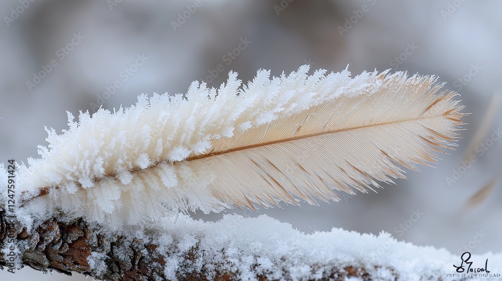 Poster a close-up of a frosted feather resting on a snowy branch.