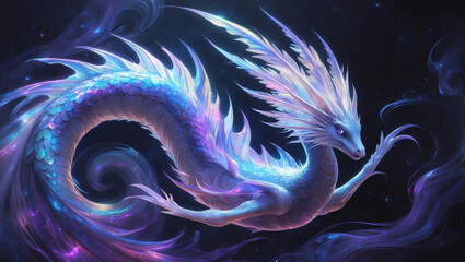 Magical celestial dragon serpent glowing with ethereal blue and purple light