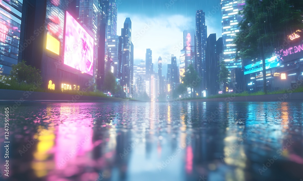 Poster a futuristic cityscape reflects brightly on wet streets, illuminated by neon lights and large billbo