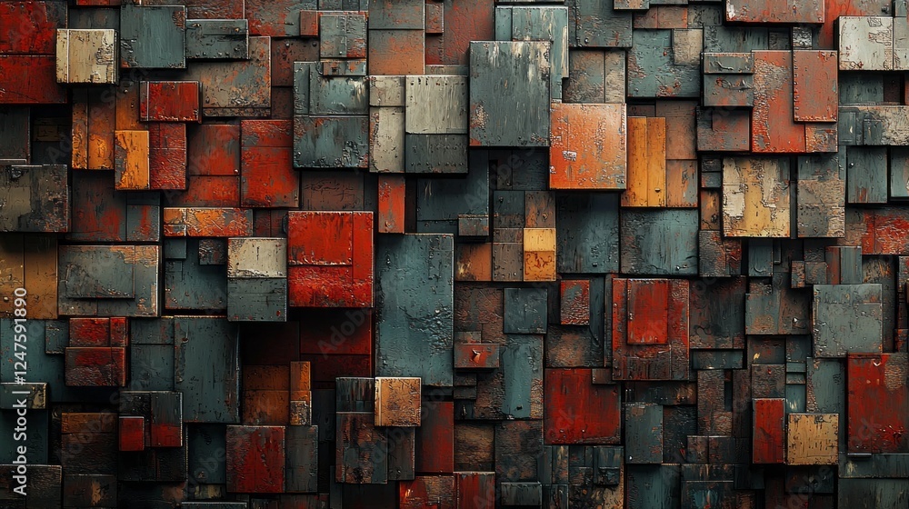 Poster A captivating assembly of weathered wooden panels in various sizes and colors creates a striking textured wall display. Each piece reflects a history filled with charm and character