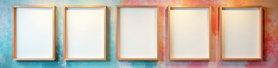 Fototapeta premium Blank frames arranged on a painted wall background, frame mockup, mockup template