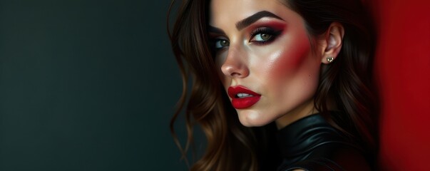 Fototapeta premium Bold red lips, smoky eyes, black leather, ripped denim, edgy, image, attire