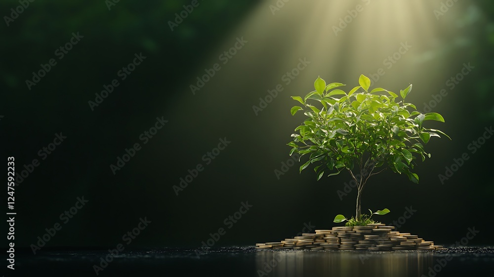 Poster A small tree with vibrant green leaves grows on a mound of stones, illuminated by soft rays of light in a dark setting.