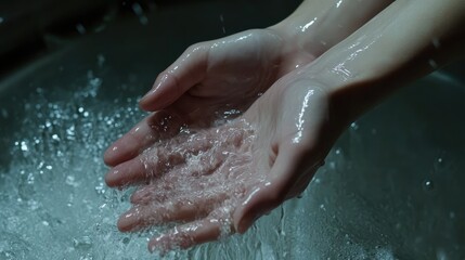 Fototapeta premium Hands Cupped in Refreshing Water: A Close-Up Study of Cleanliness and Purity