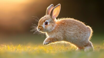 Fototapeta premium Bunny leaping sunset meadow, nature background, pet