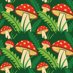 PrintSeamless pattern with amanita mushrooms and leaves. Autumn background