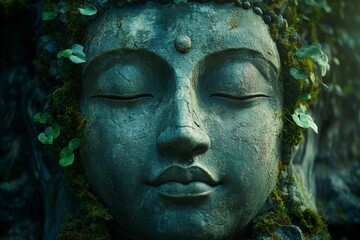 Serene Buddha statue, jungle foliage, peaceful meditation, spiritual backdrop, wellness