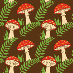 Seamless pattern with amanita mushrooms and leaves. Autumn background