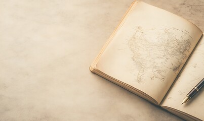 An open book with a map illustration rests on a textured surface, accompanied by a pen, evoking a sense of exploration and adventure.