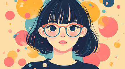 a colorful anime-style portrait of a young woman with glasses short black hair and a vibrant polka dot background creating a cheerful aesthetic
