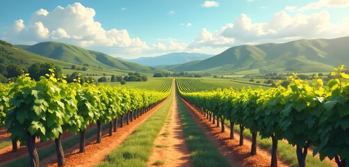 Panoramic view of vineyard stretching across rolling countryside. Rows of grapevines extend into distance. Pathway winds through center of plantation. Rich green foliage, scenic rural landscape