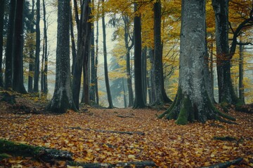 Fototapeta premium Quiet autumn forest with golden foliage and towering trees under a foggy sky.