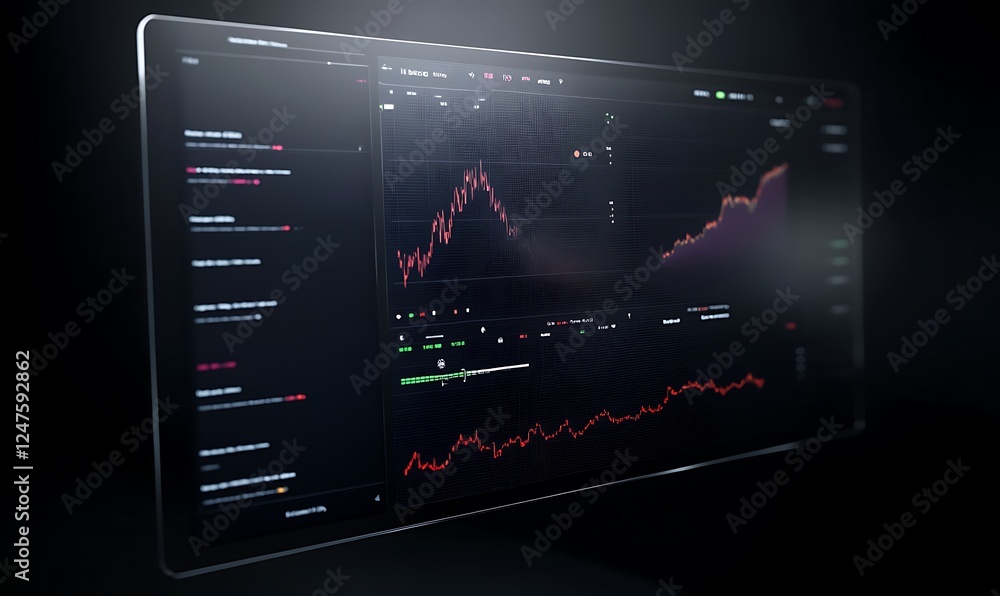 Poster A sleek, modern trading dashboard displays dynamic graphs and charts with dark-themed visuals, highlighting market trends and performance metrics.