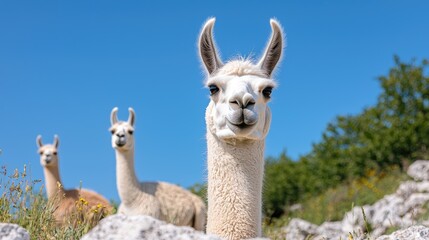 Obraz premium Llamas gazing, mountain meadow, sunny day, animal portrait