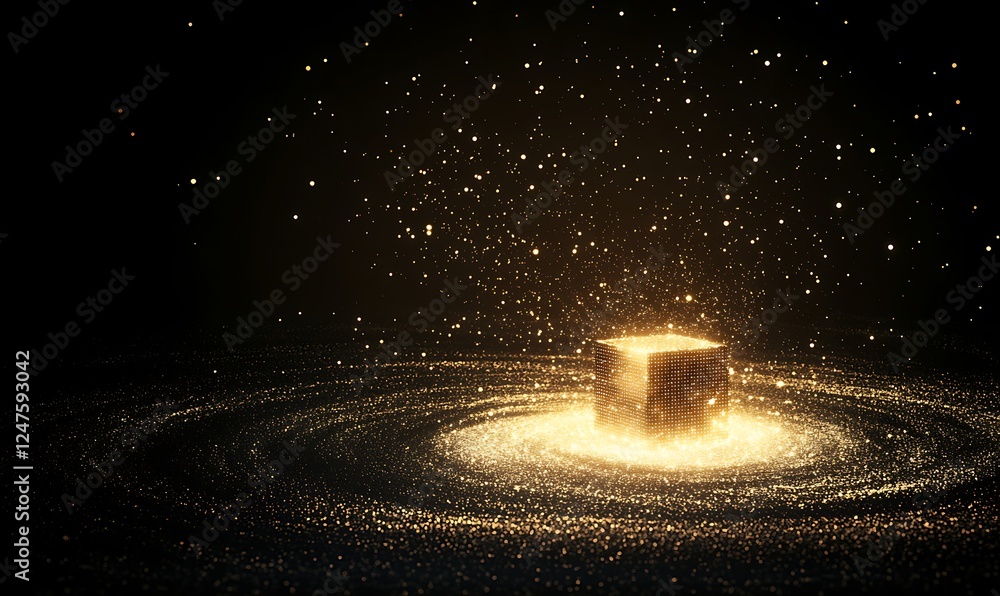 Aufkleber a glowing, golden cube surrounded by shimmering particles, creating a mystical, cosmic atmosphere ag