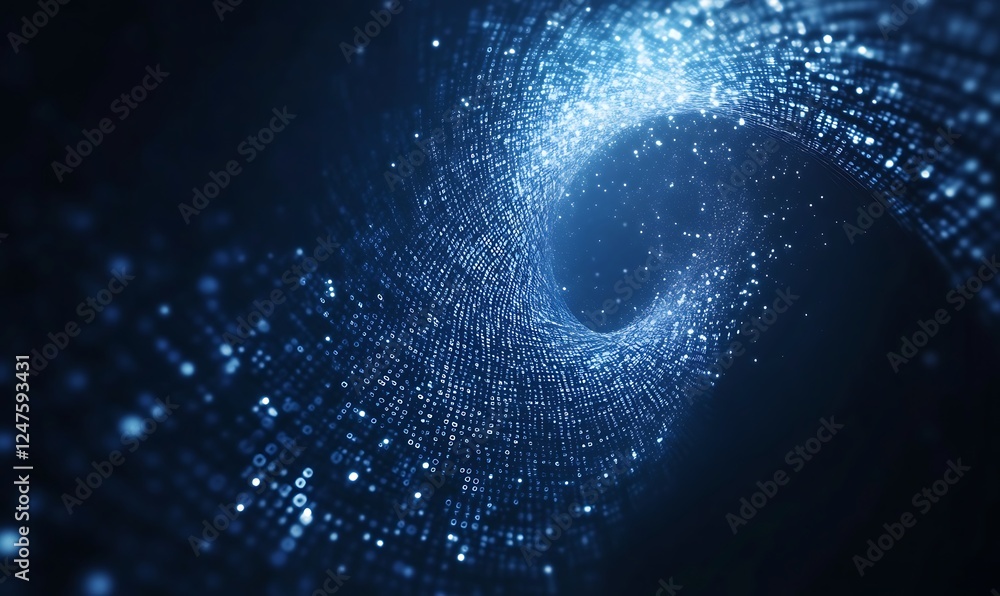 Poster a mesmerizing digital swirl of blue particles against a dark background, evoking a sense of motion a