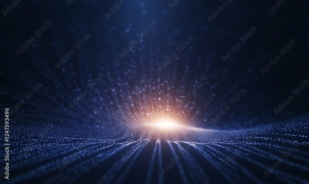 Poster a mesmerizing digital landscape featuring radiant light and flowing particles, evoking a sense of de