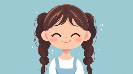 A cute illustrated girl with brown braided hair and a cheerful smile wears a blue dress against a soft pastel blue background  
