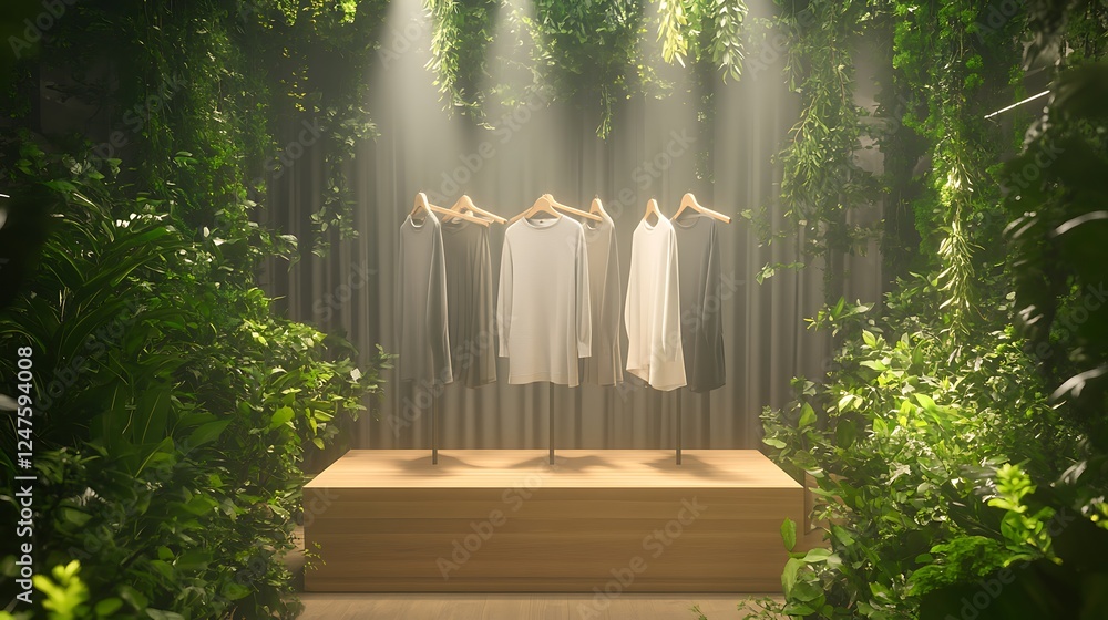 Aufkleber A serene clothing display in a lush, green environment, illuminated by soft lighting, creating a tranquil shopping atmosphere.