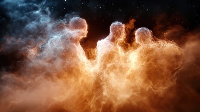 An enchanting scene of three translucent figures immersed in a mystical fog, embodying the interplay between human emotions and cosmic elements in a visually striking composition.