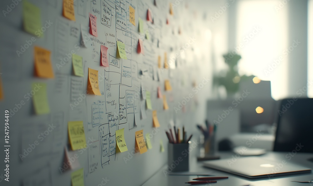 Aufkleber A workspace filled with colorful sticky notes on a wall, a desk with pens, and a laptop, creating an organized yet creative environment.