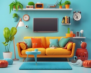 Vibrant Living Room Design with Retro Furniture and Colorful Decor Elements