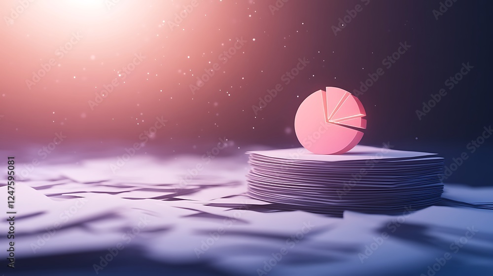 Aufkleber A colorful pie chart sits atop a stack of papers, illuminated by soft light, symbolizing data analysis and presentation in a professional setting.