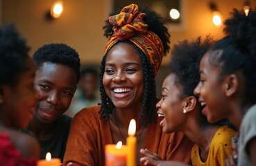 Happy family celebrates Kwanzaa. Diverse group of dark-skinned people cheerful, smiling. Gathered together in celebratory atmosphere. Could family gathering community celebration. Colorful clothing,