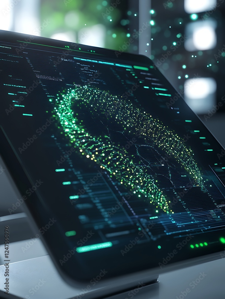 Poster a sleek tablet displays a glowing, digital representation of a dollar sign with green particles, set