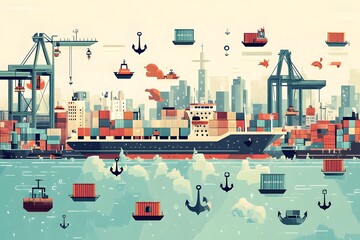 Obraz premium Futuristic Seaport City with Towering Container Cranes and Cargo Ships at Busy Dockyard