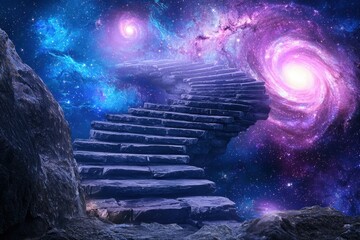 Floating staircase in deep space leading to a massive glowing nebula.