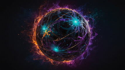 Obraz premium Abstract energy sphere with glowing neural network lines and colorful plasma light