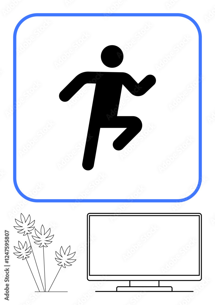 Poster black stick figure running inside blue rounded square. simple representations of a computer monitor 
