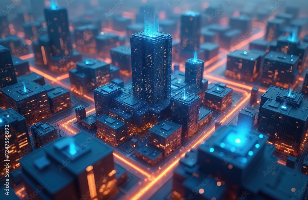 Poster futuristic city with tech structures. modern buildings connected by glowing lines. bright lights, di