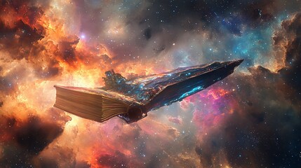 Obraz premium A Magical Book Spaceship Soaring Through Nebula Filled Galaxy With Epic Detail