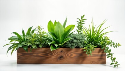 Fototapeta premium Stylish wooden planter box filled with vibrant greenery. Variety of rich plants thrive inside. Modern design element for home decor. Planter brings touch of nature indoors. Perfect for patio yard.