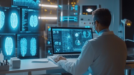 Doctor in office using laptop, modern healthcare technology, digital medical solutions. 