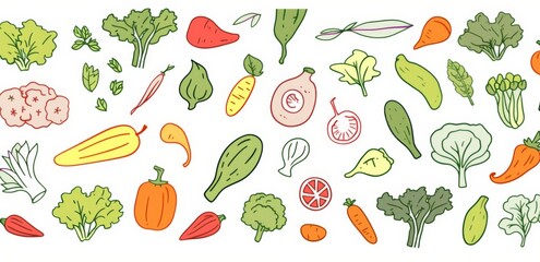 Obraz premium Flat vector illustration of various vegetables, featuring a simple and clean design on a white background, perfect for food-related themes.