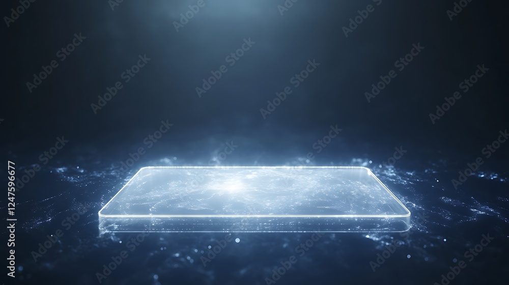 Leinwandbilder a glowing, translucent rectangular platform surrounded by shimmering particles in a dark background,