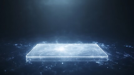 A glowing, translucent rectangular platform surrounded by shimmering particles in a dark background, evoking a futuristic or digital theme.