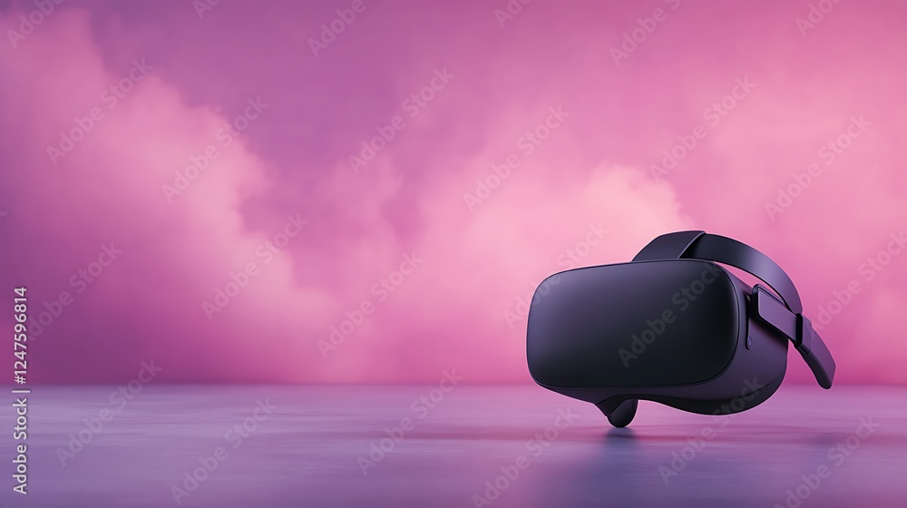Fototapete a sleek virtual reality headset rests on a smooth surface, surrounded by soft pink clouds, creating 