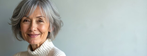 Mature woman with grey hair smiles gently. Portrait photo of confident senior. Stylish, elegant. Great for fashion magazines senior living ads. Casual but classy look. Perfect for promoting beauty