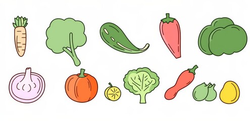 Flat vector illustration of various vegetables, featuring a simple and clean design on a white background, perfect for food-related themes.