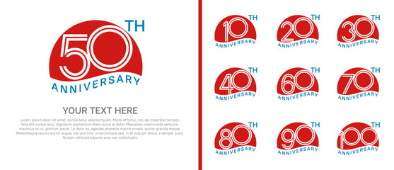 logo anniversary set. red color with half circle on white background for special event