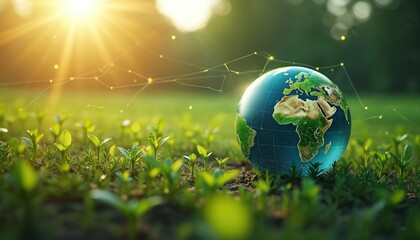 Digital globe sits in green field with young seedlings. Sunlight highlights global connectivity, eco sustainability. Network connections illustrated around digital earth globe innovation, progress in